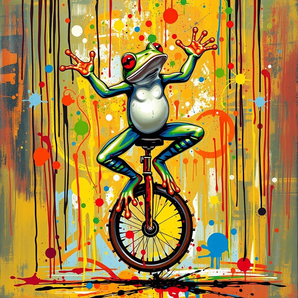 Abstract Expressionist Frog Riding Unicycle in Pollock Style