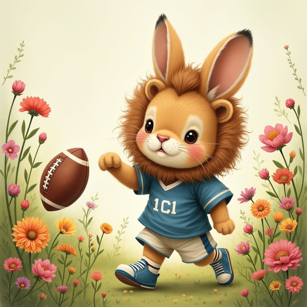Lion Head Bunny Plays Football: Whimsical Illustration