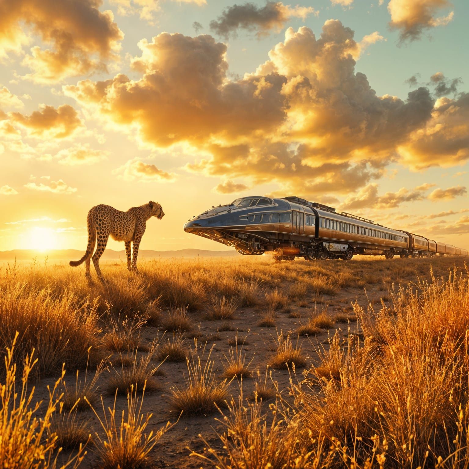 Cheetah on Futuristic Train in Golden Hour Savanna