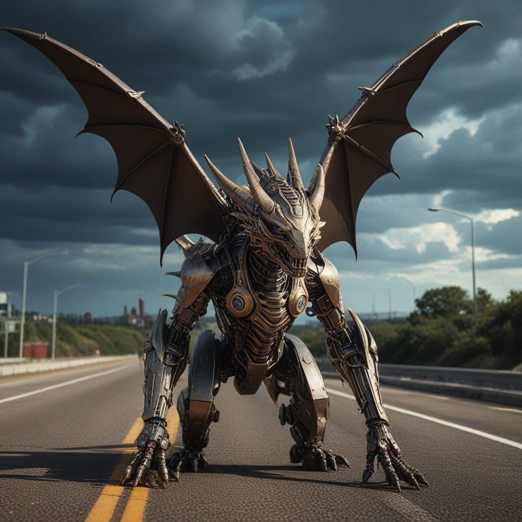 Cyberpunk European Dragon Leaps over Highway in a Blaze of L...
