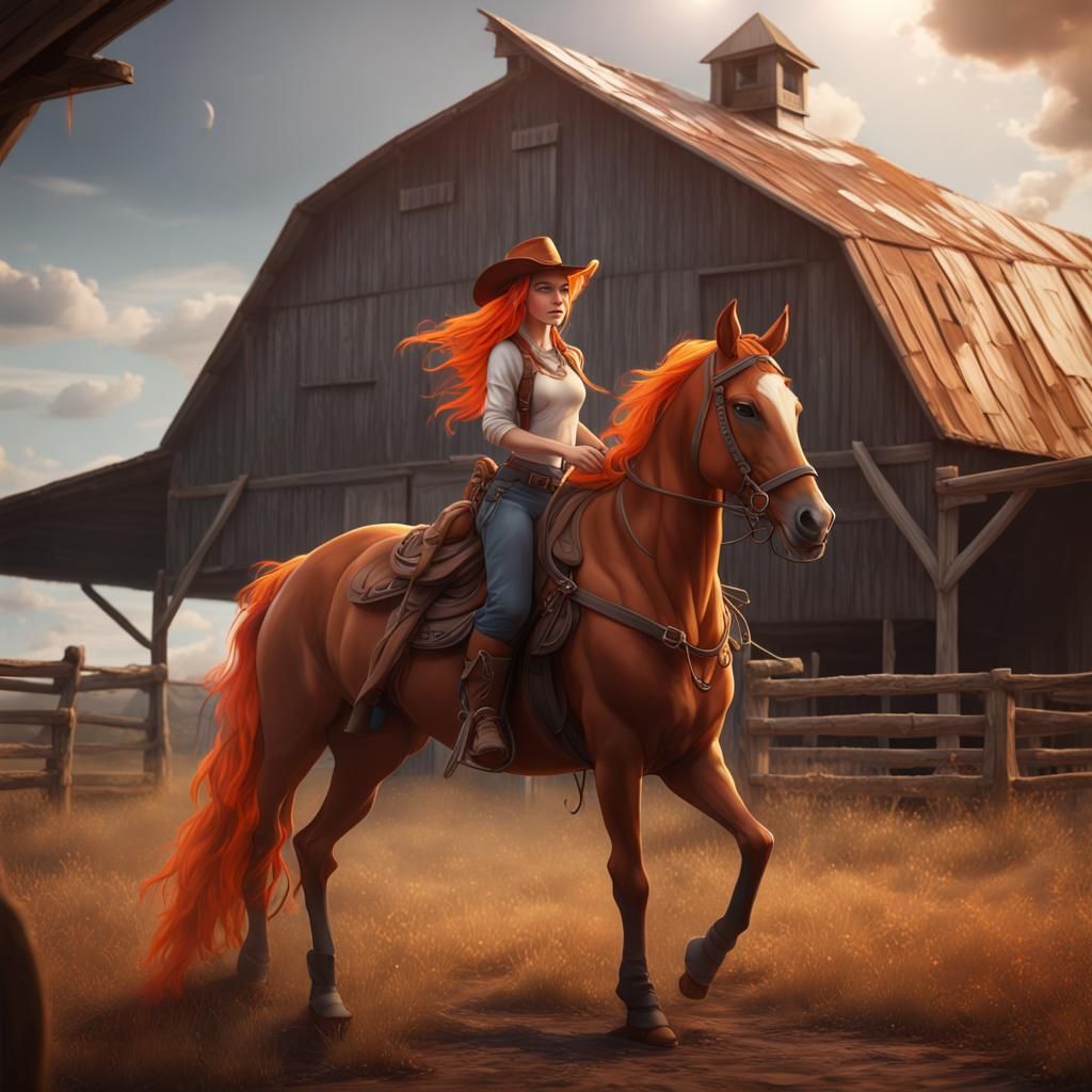 Girl with Braids Riding a Horse, Detailed Digital Art