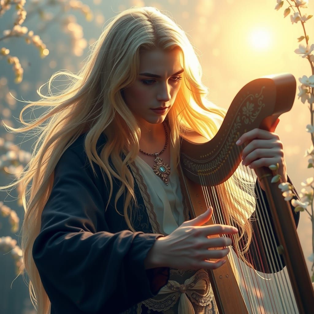 Celestial Vampire Strums Harp in Divine Garden