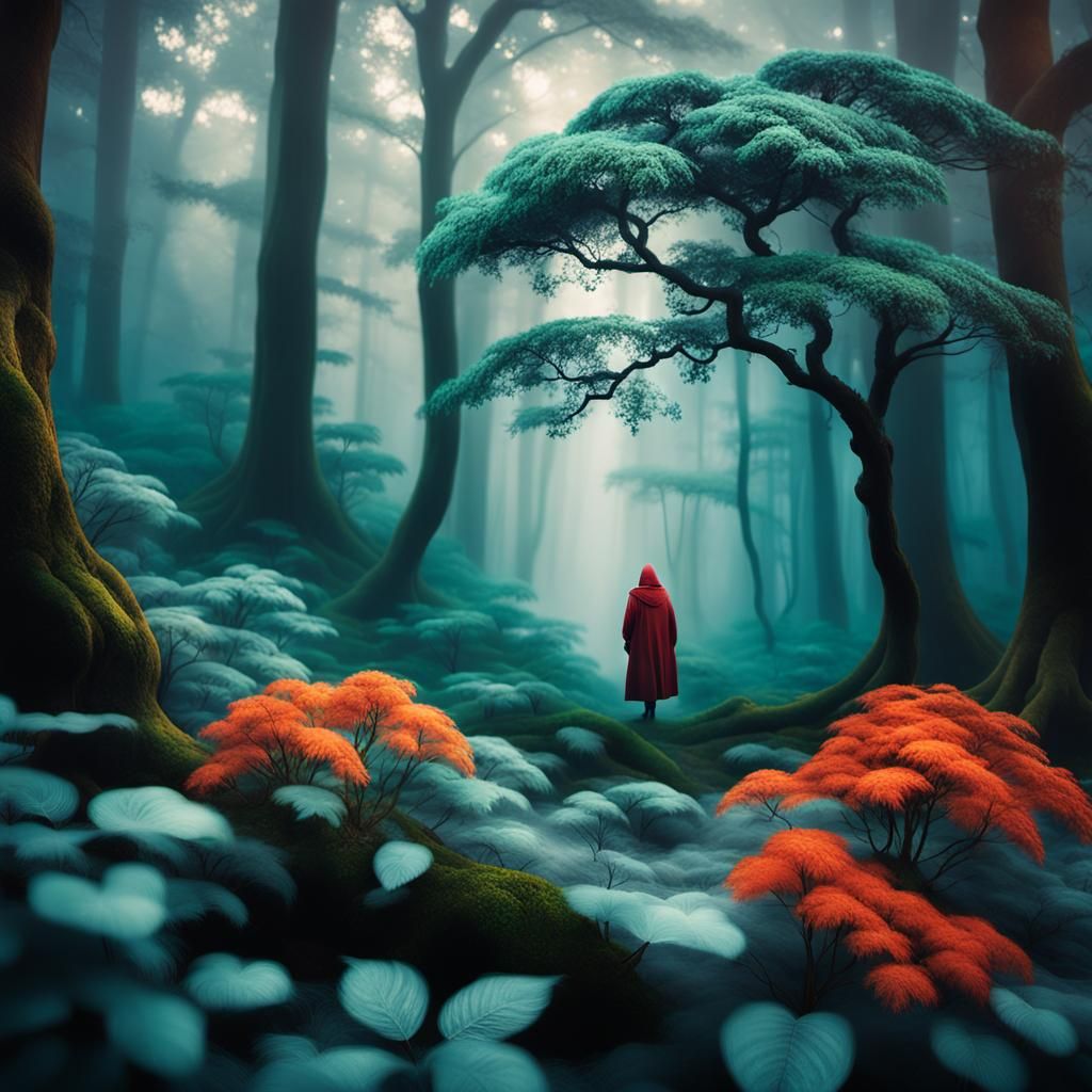 Ethereal Figure in Mystical Mist-Shrouded Forest