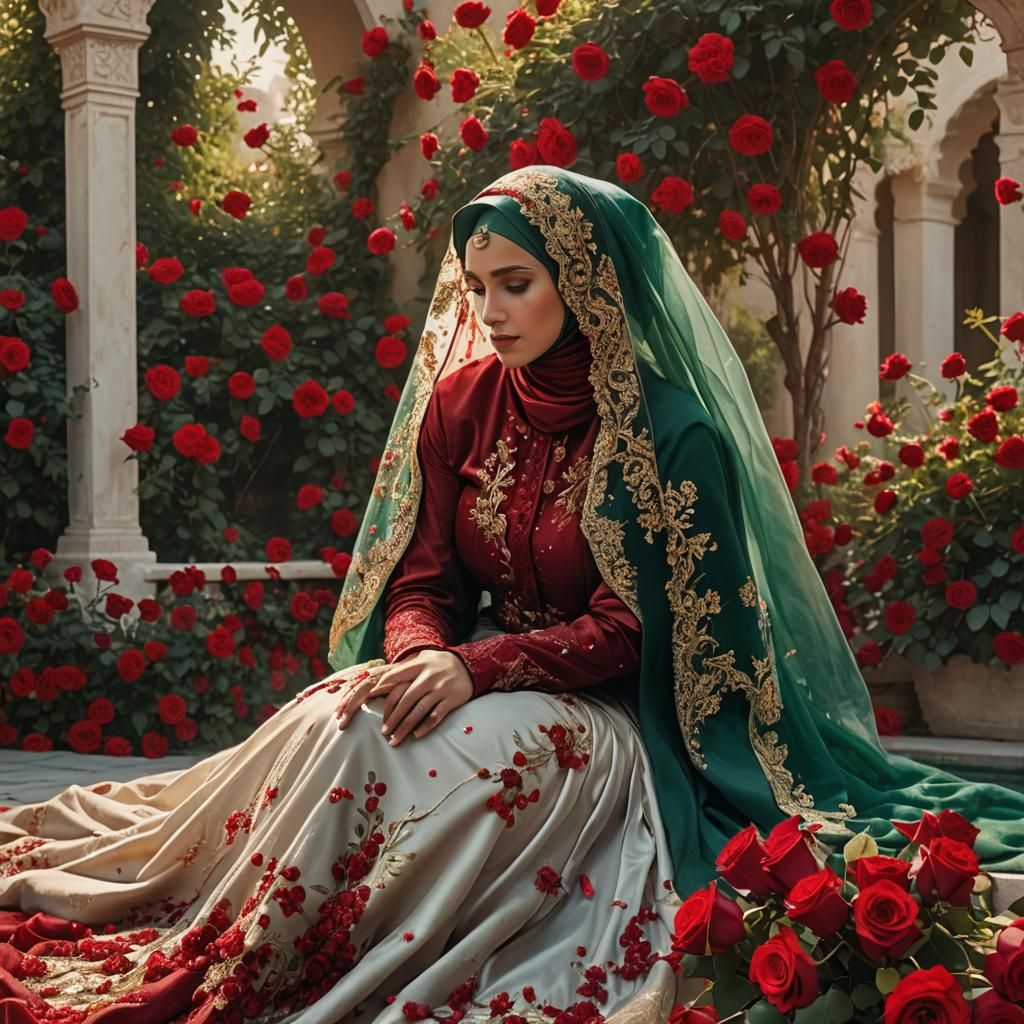 Muslim Bride in Red Veil with Floral Bench Seat