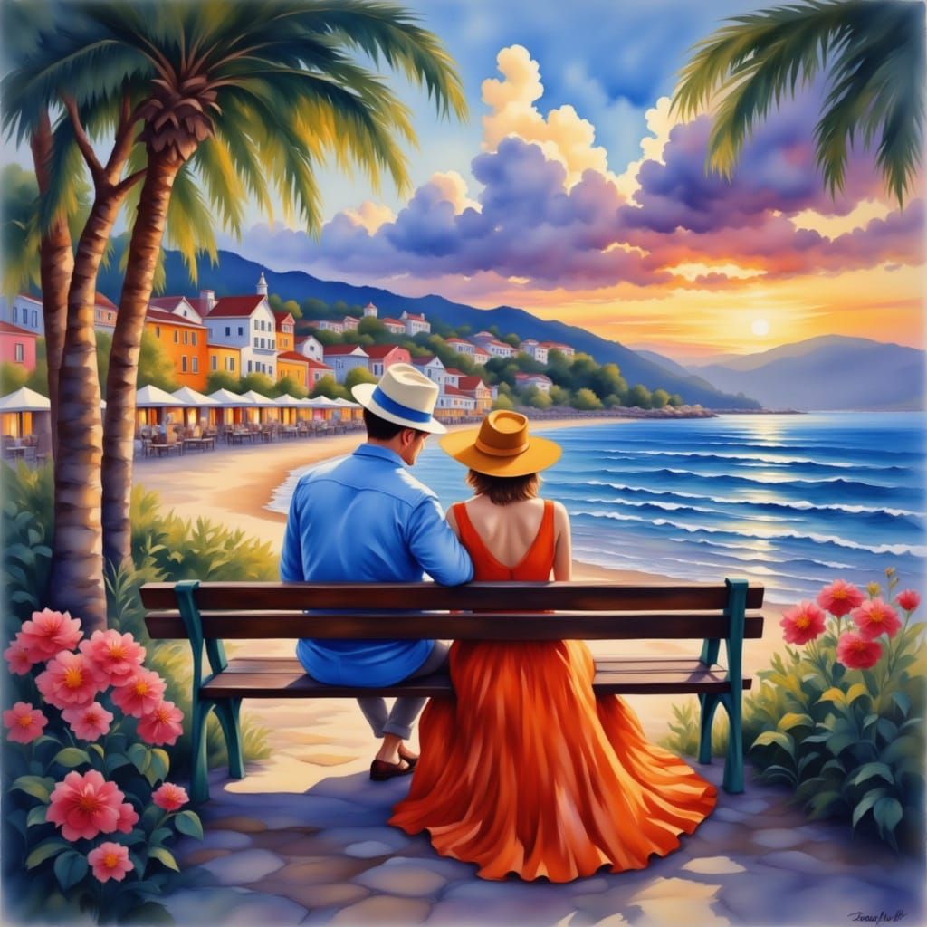Romantic Seaside Evening Scene in Impressionistic Style