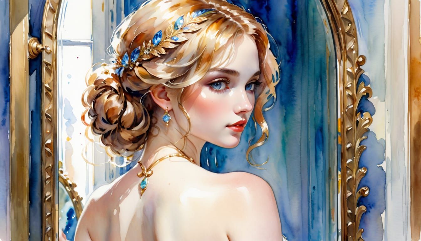 Aphrodite's Enigmatic Reflection in Watercolor