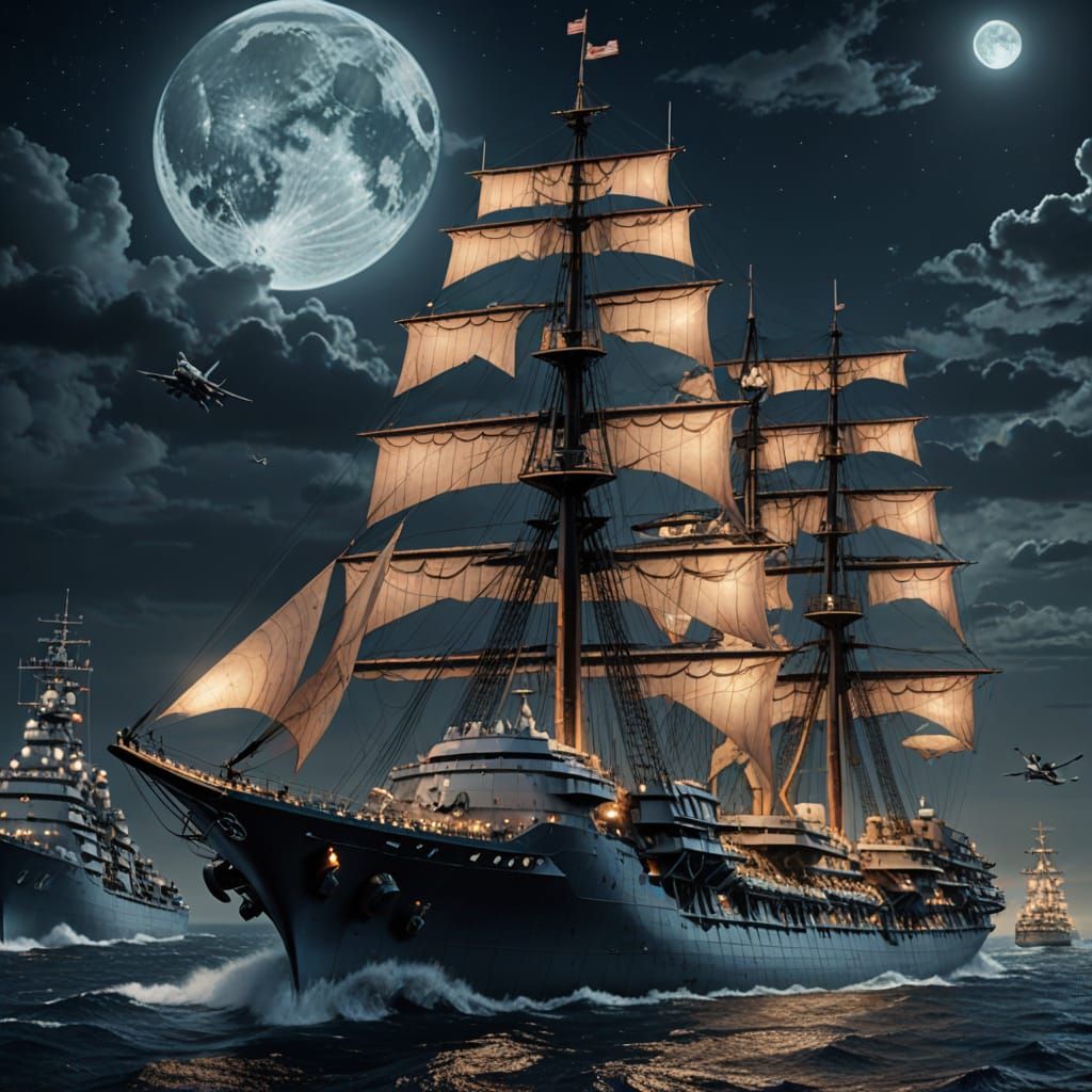 Majestic Warship Sails Silently in Moonlight: Digital Matte ...