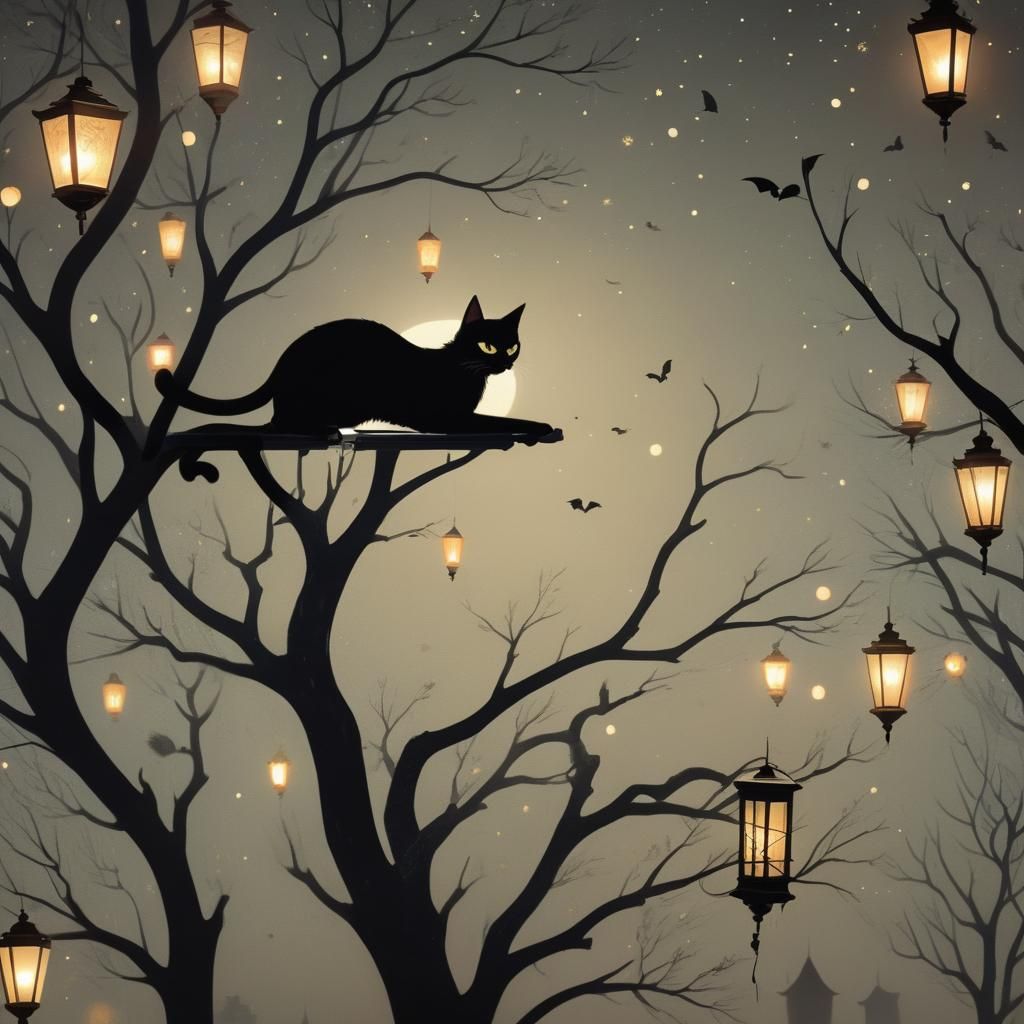 Black Cat Smartphone Night, in Surreal Gothic Style