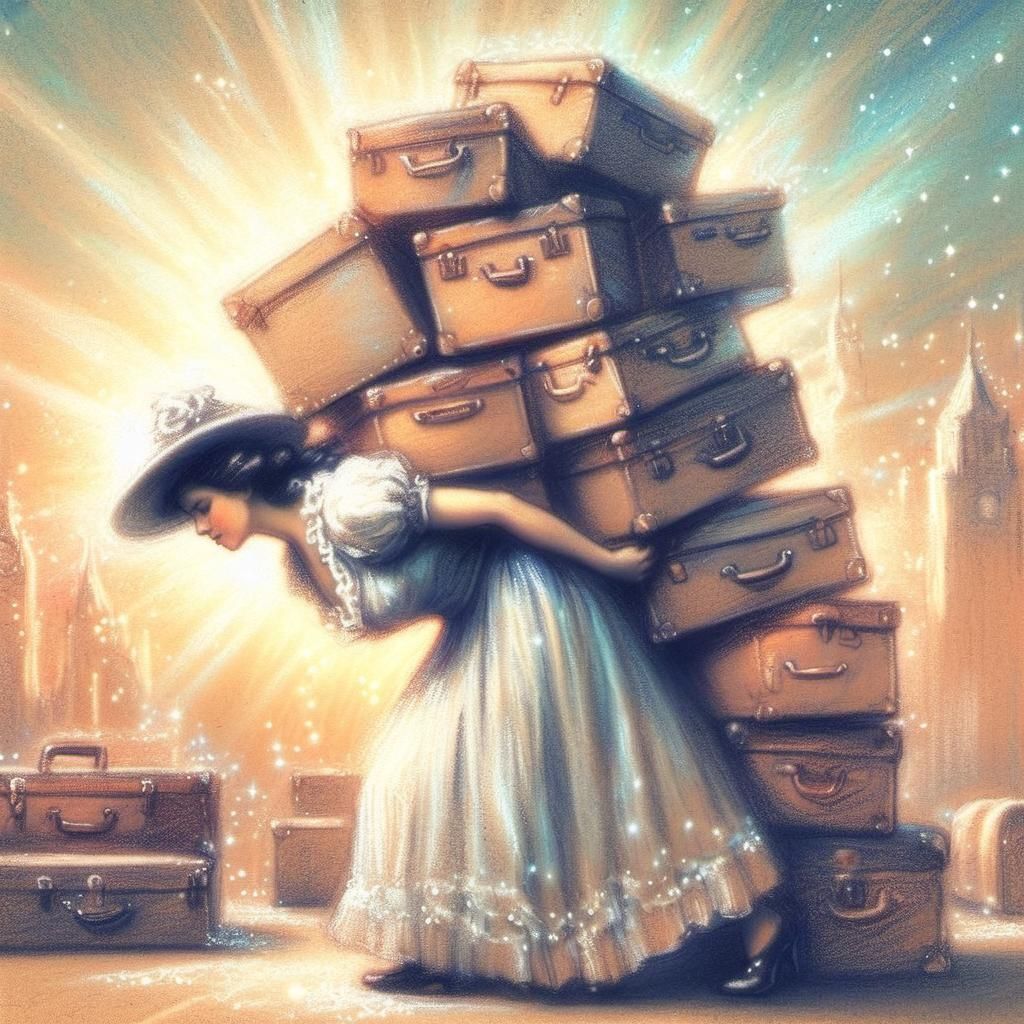 Vintage Pastel Illustration: Woman with Suitcases