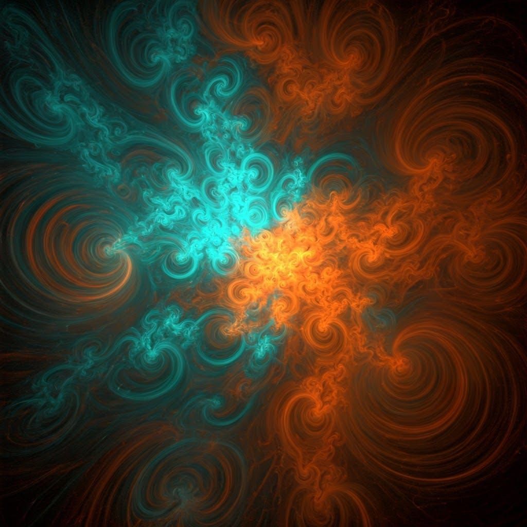 Abstract Cosmic Cloudscape with Teal and Burnt Orange Swirls