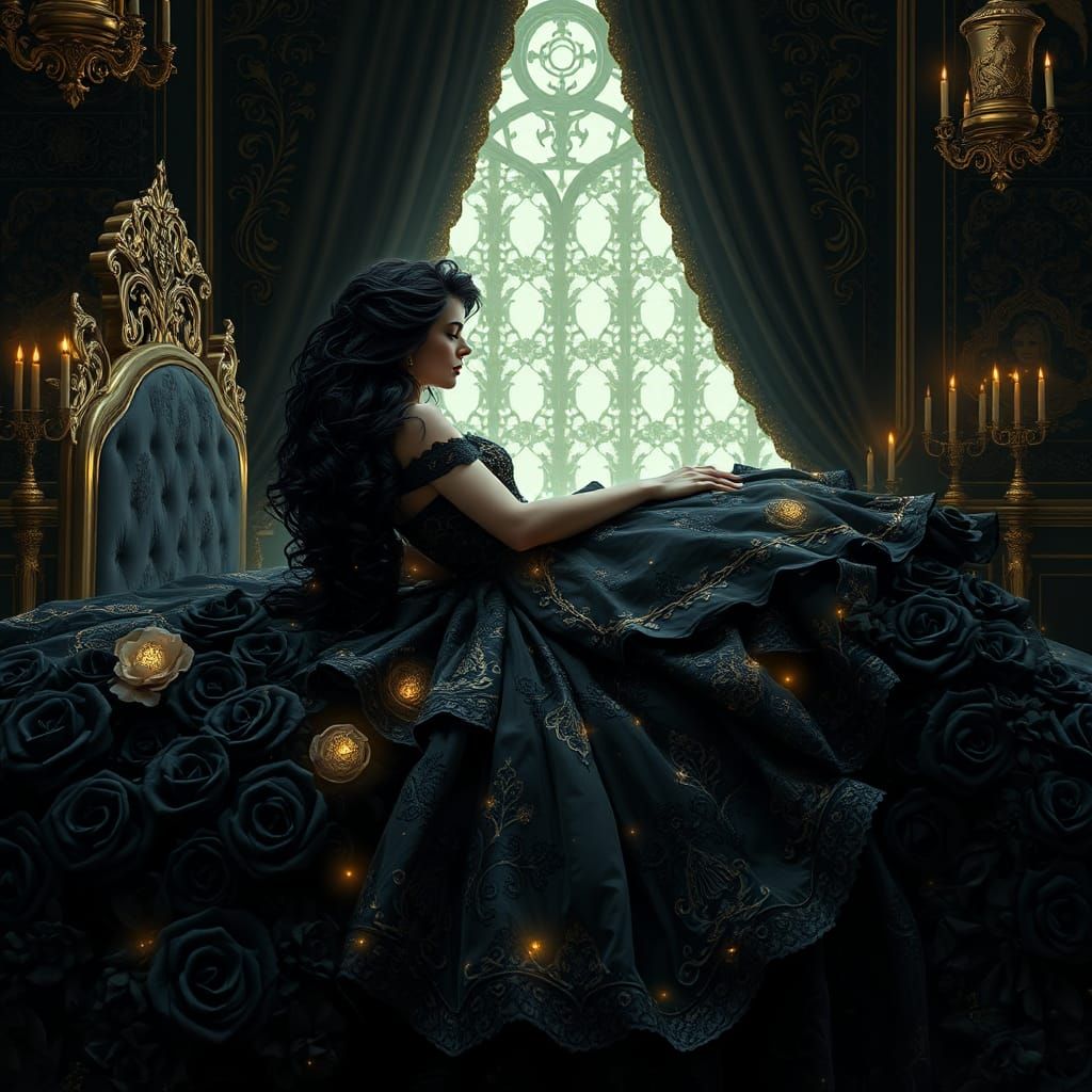 Princess Aurora on Black Roses in Somber Luxury