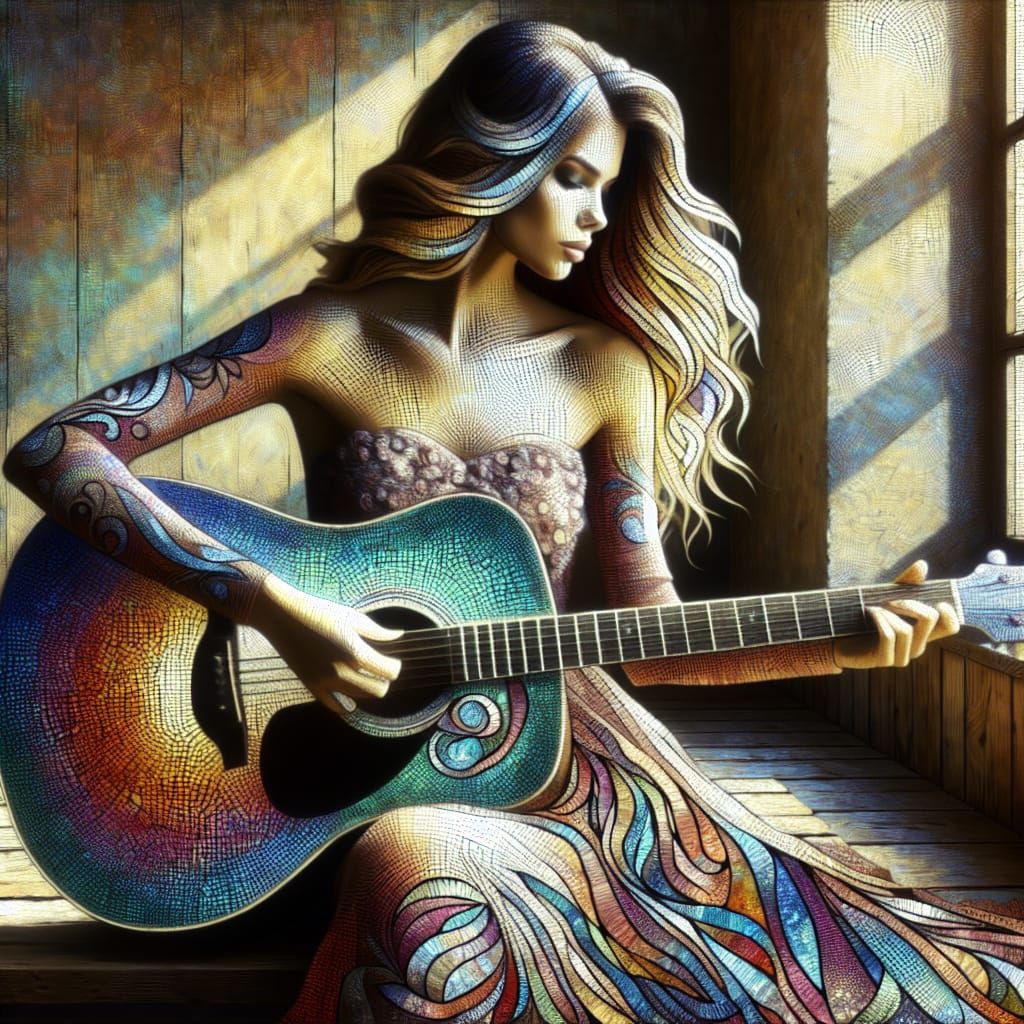 Mosaic Woman Playing Guitar in Digital Painting
