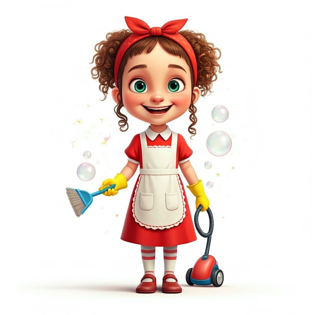 Happy Haredi Girl Cleans with Glee in Vibrant 3D Style
