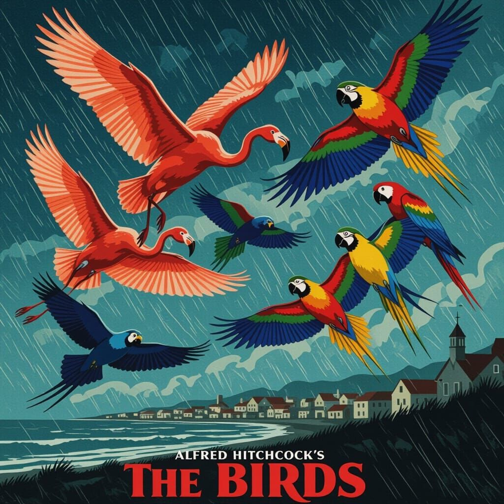 Vintage Movie Poster: Hitchcock's The Birds with Exotic Bird...