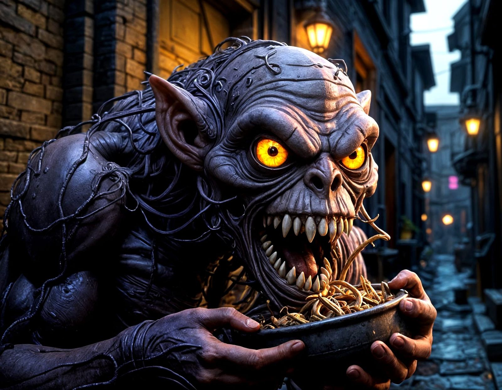 Creepy Homunculus Feasting on Garbage: Dark Fantasy Art