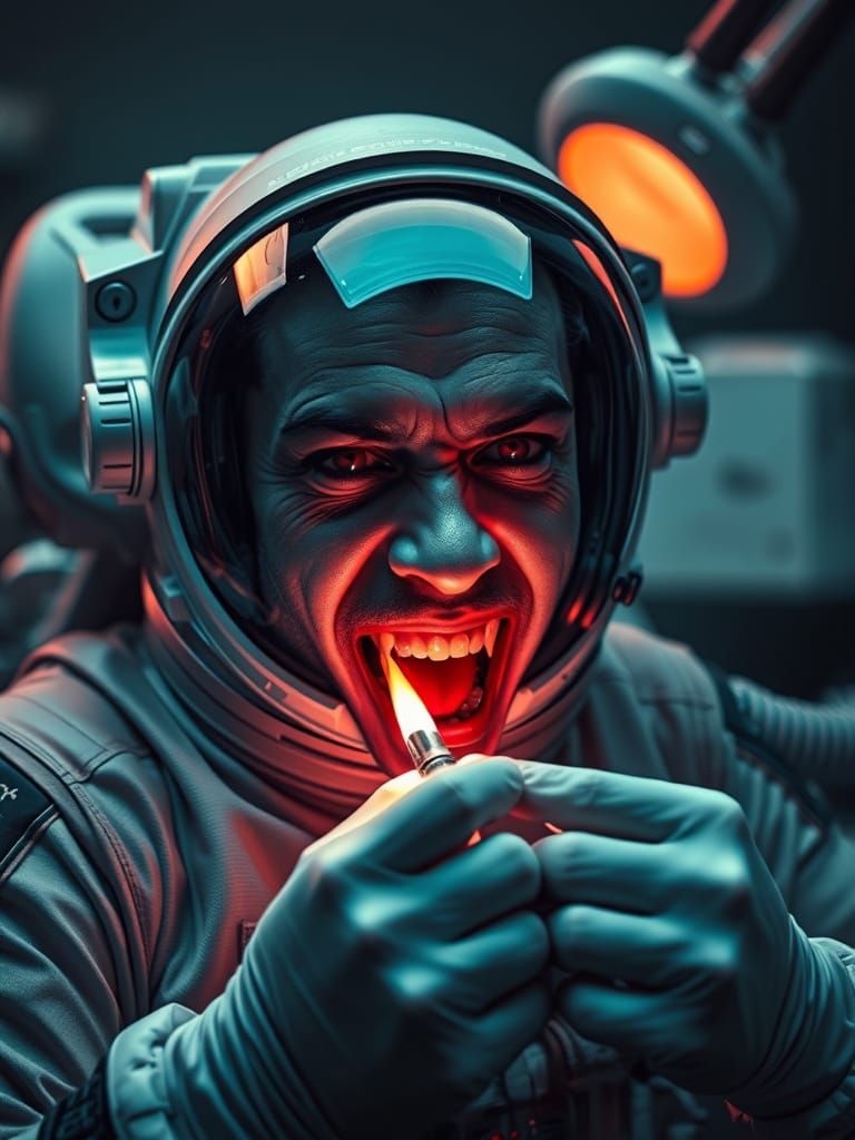 Stunning chiaroscuro - Astronaut vampire is curing his sharp fangs at the dentist