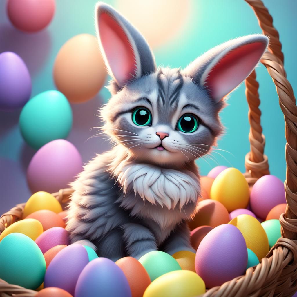 Cat with Bunny Ears and Easter Basket in 3D Style