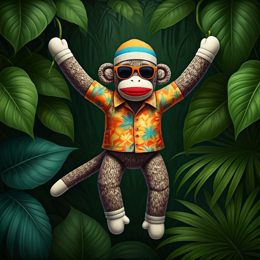 Sock Monkey's Jungle Adventure in Whimsical Style
