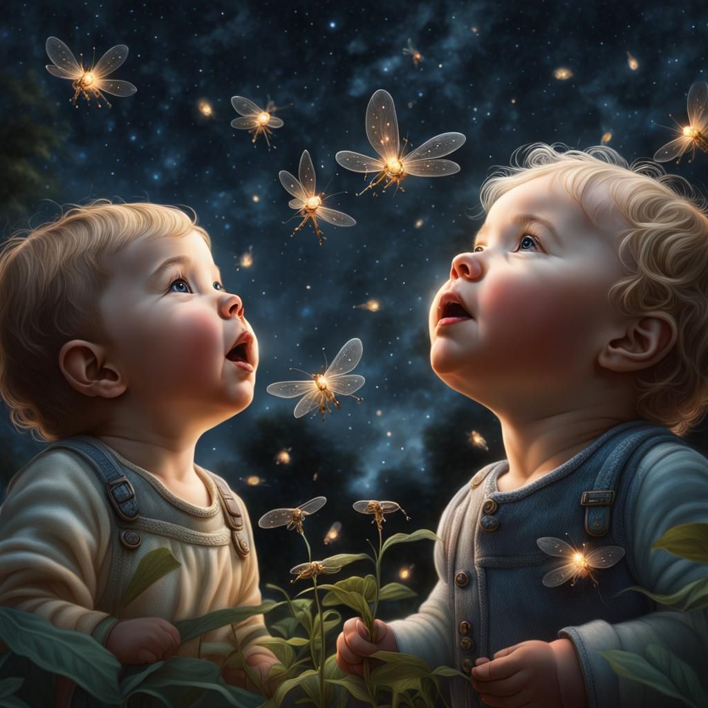 Toddlers Catching Fireflies in English Garden