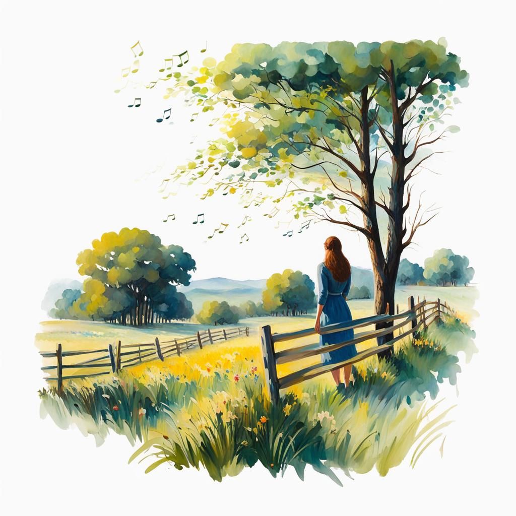 Woman in Musical Meadow: an Impressionist Gouache Painting