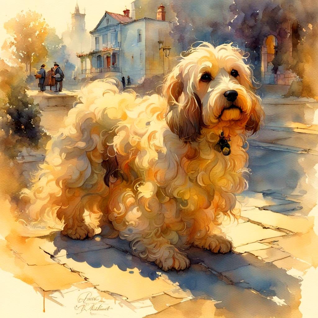 Whimsical Greek Dog Portrait in Warm Pastel Hues