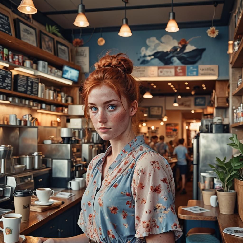 Fiery Redhead in Coffee Shop, Hyper-Realistic Portrait