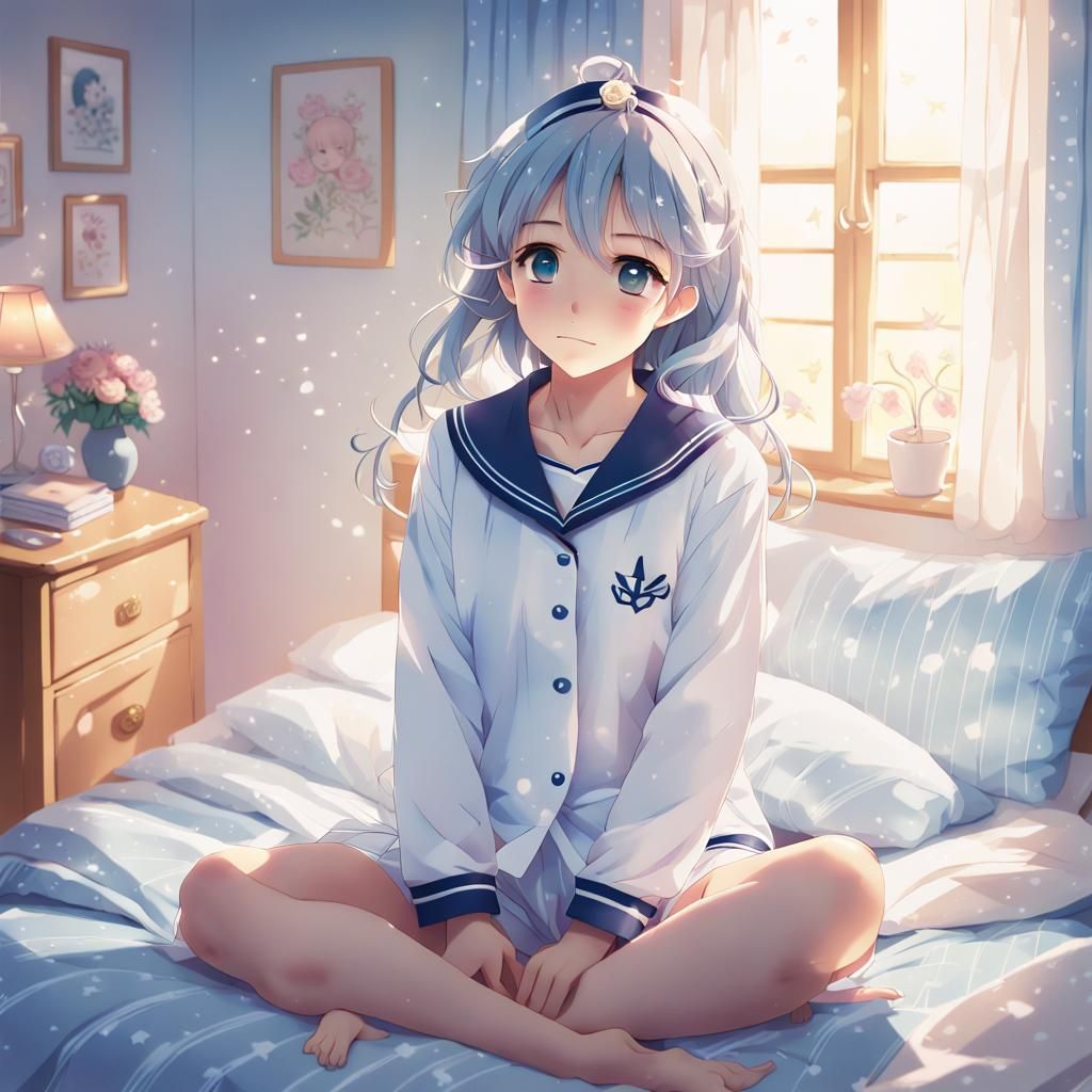 Cozy Anime Girl in Soft Sailor Pajamas