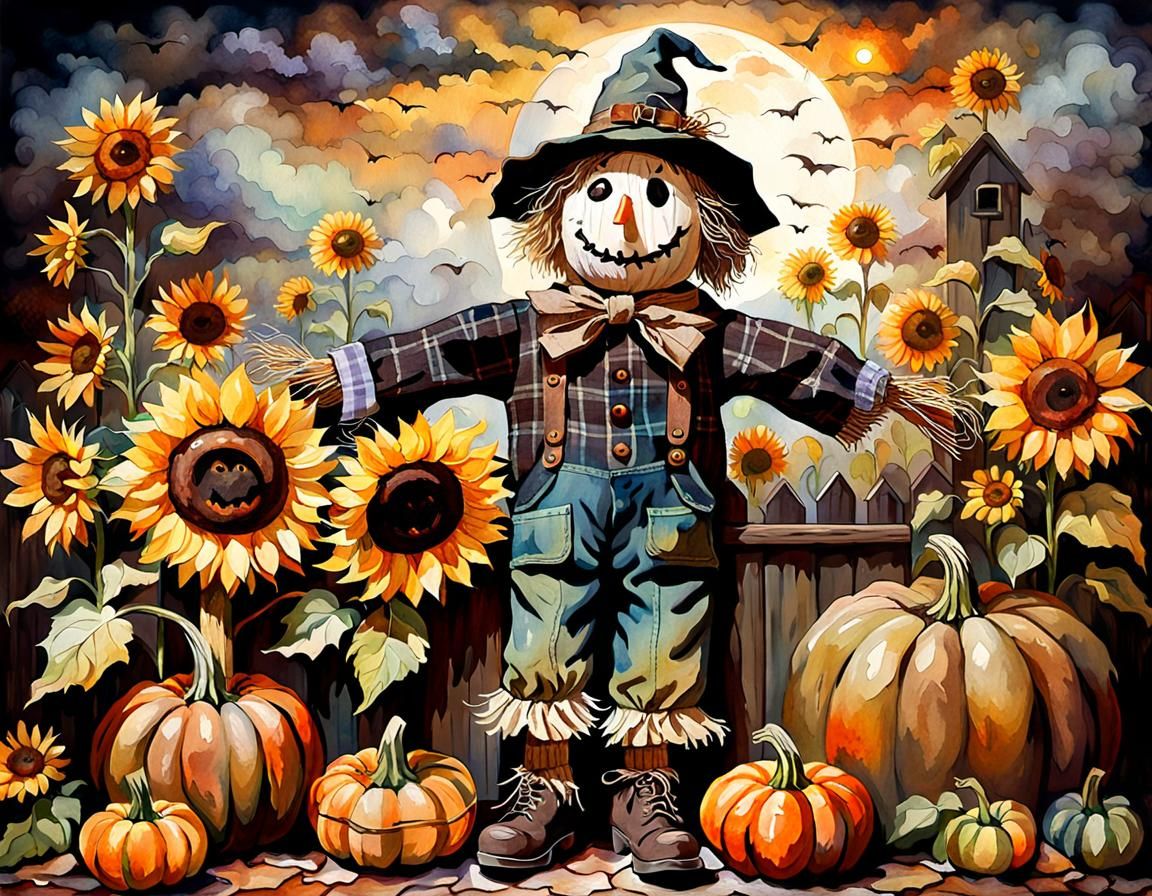 scarecrow, autumn pumpkins with sunflowers.