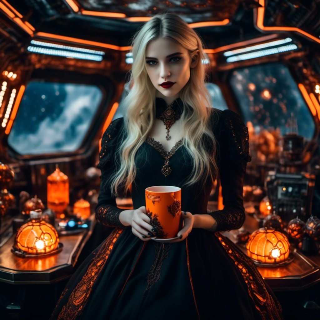 Blonde Vampire with Tea in Sci-Fi Spaceship