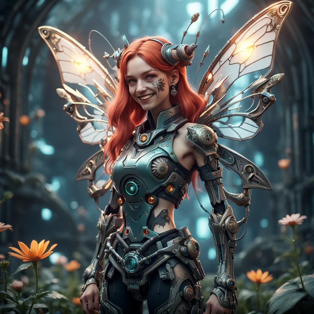 Smiling Tattooed Fairy with Intricate Mech Details