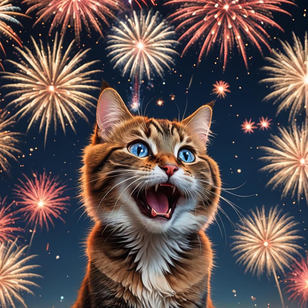 Excited Cat Watches Fireworks Display