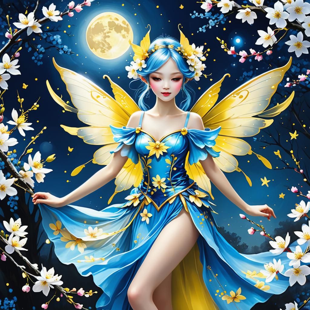 Blue and Yellow Fairy with Cherry Blossom Wings