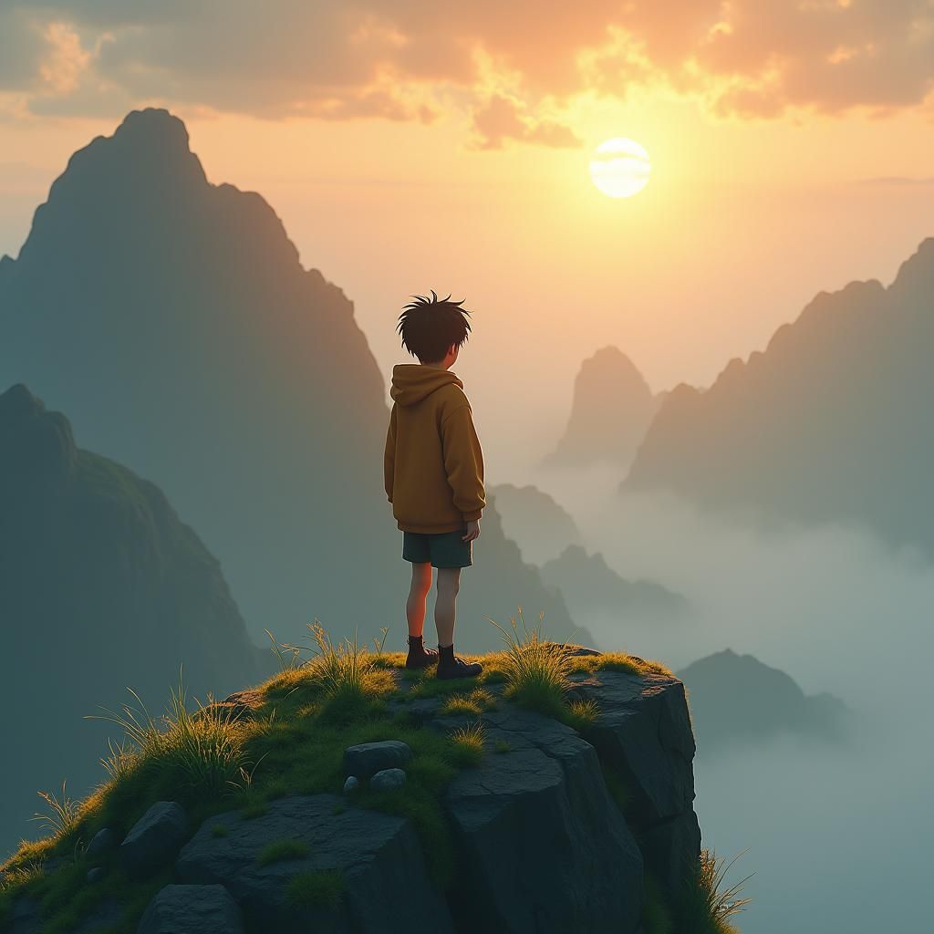 Boy on Misty Mountain Peak: 3D Anime Art