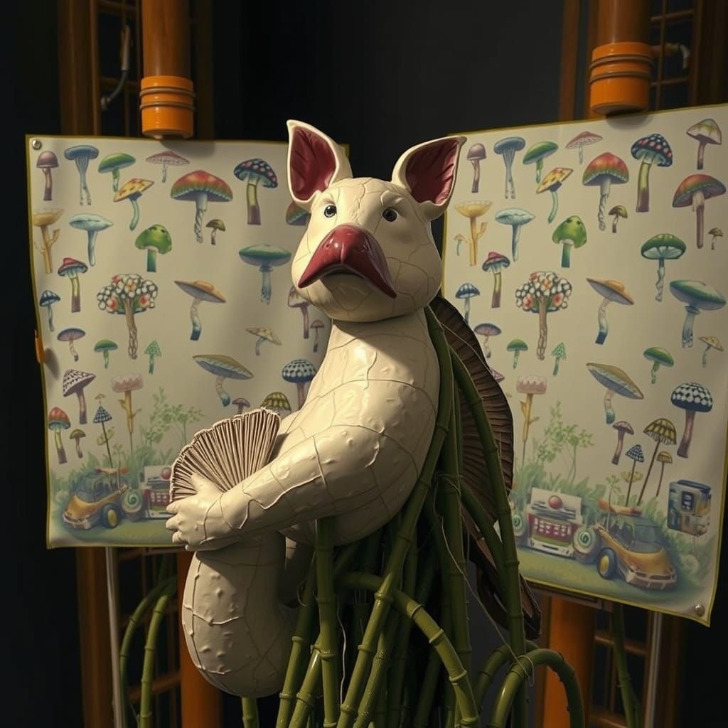 Surreal Mushroom Flag Landscape in Brutalist Style