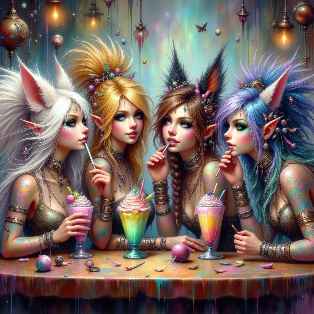 Fairy Punk Friends Enjoying Milkshakes at a Bar