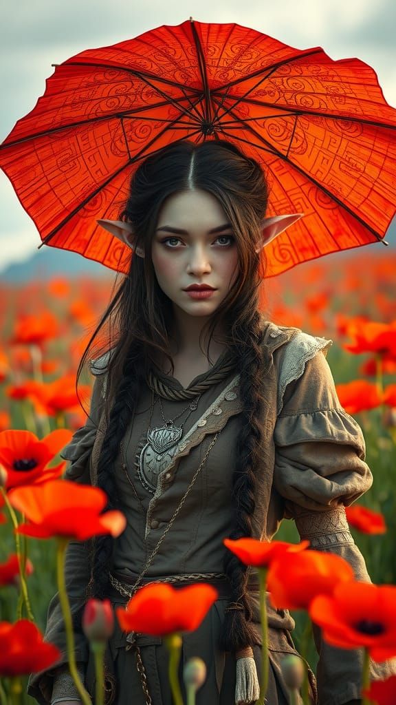 Ethereal Rogue Elf Amidst Vibrant Poppy Field