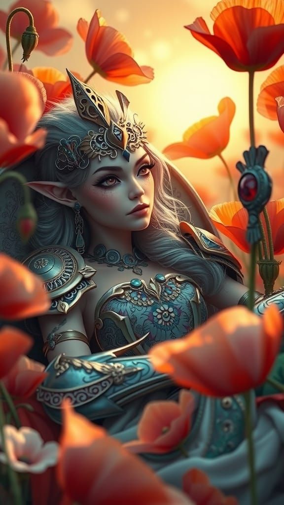 Languid Rogue Elf in a Vibrant Poppy Valley