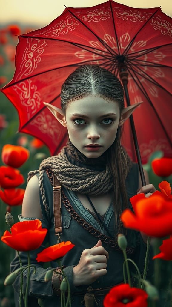 Ethereal Rogue Elf in a Lush Poppy Field, in the Style of Kr...