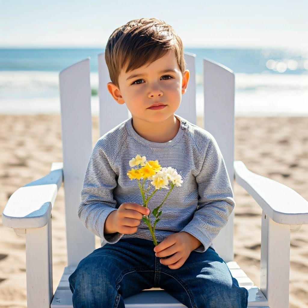 Boy with Flowers on Beach in Sunlight
