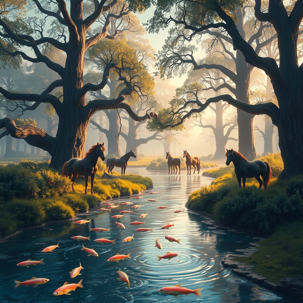 Serene River Scene in Whimsical High-Fantasy Environment