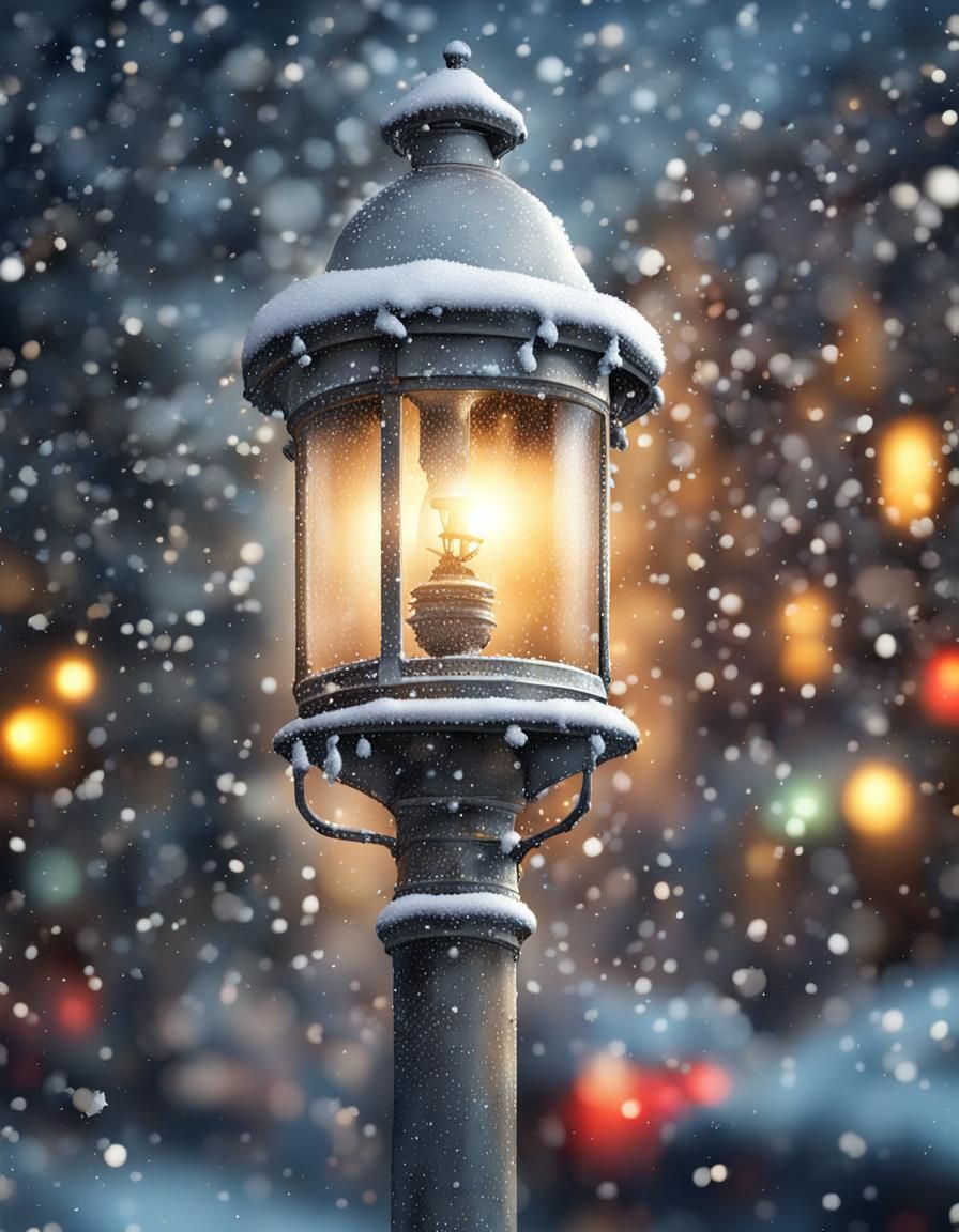 Hyperrealistic Christmas Bells on Old Streetlight