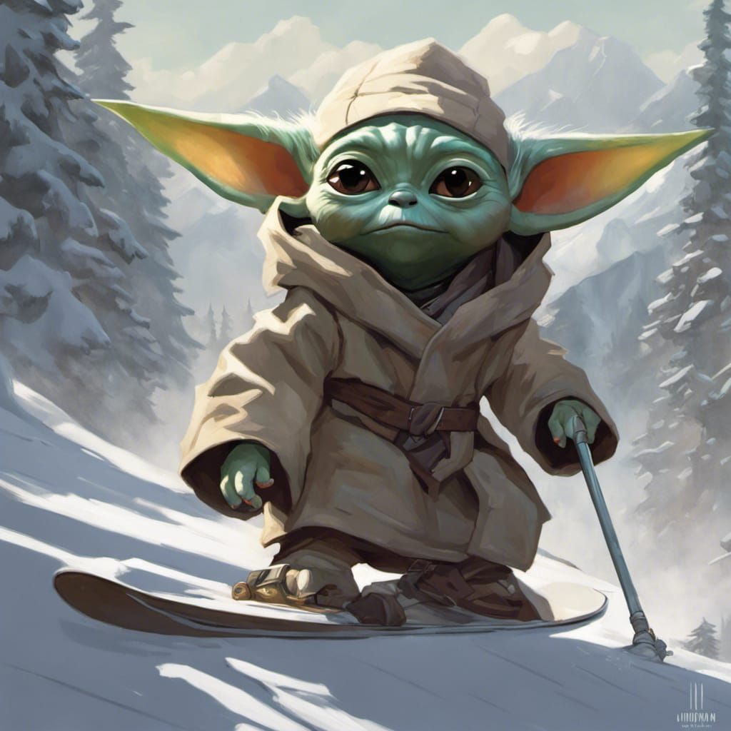 Baby Yoda Skiing with Falling Dogs, Detailed Portrait