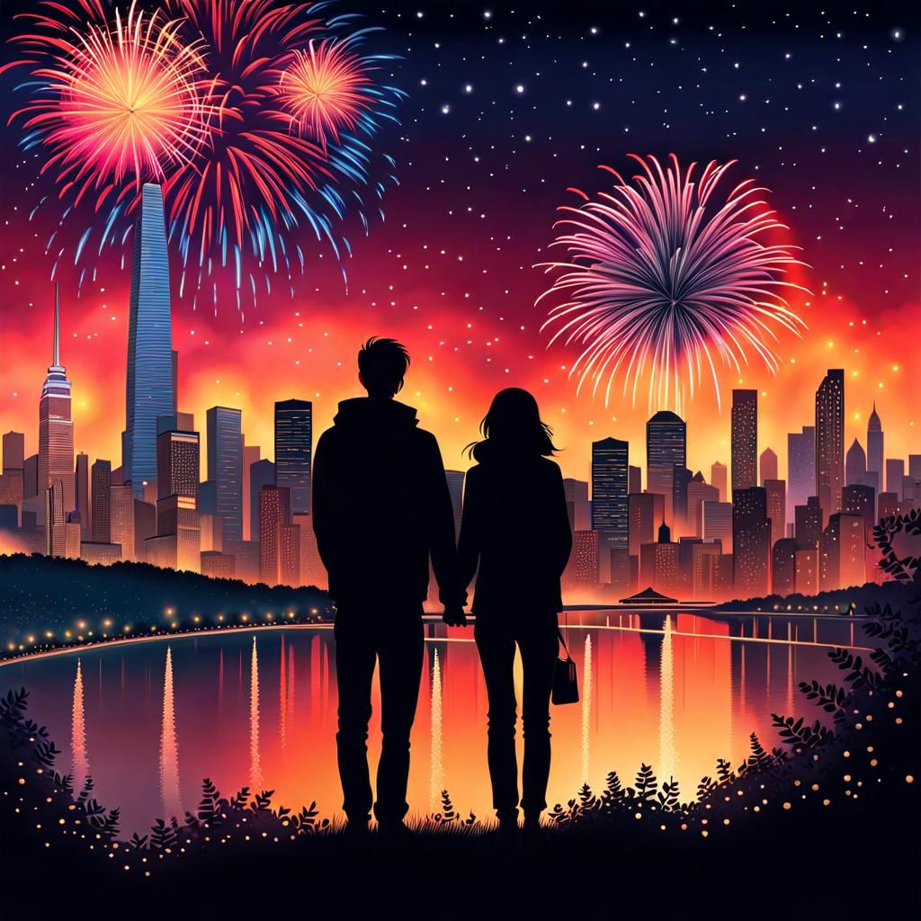 Couple Watching Fireworks Over Cityscape