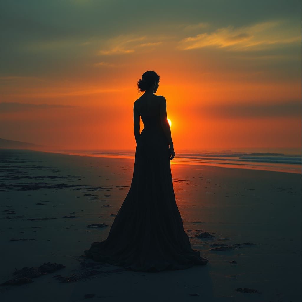 Woman on Desolate Beach at Sunset in Haunting Style