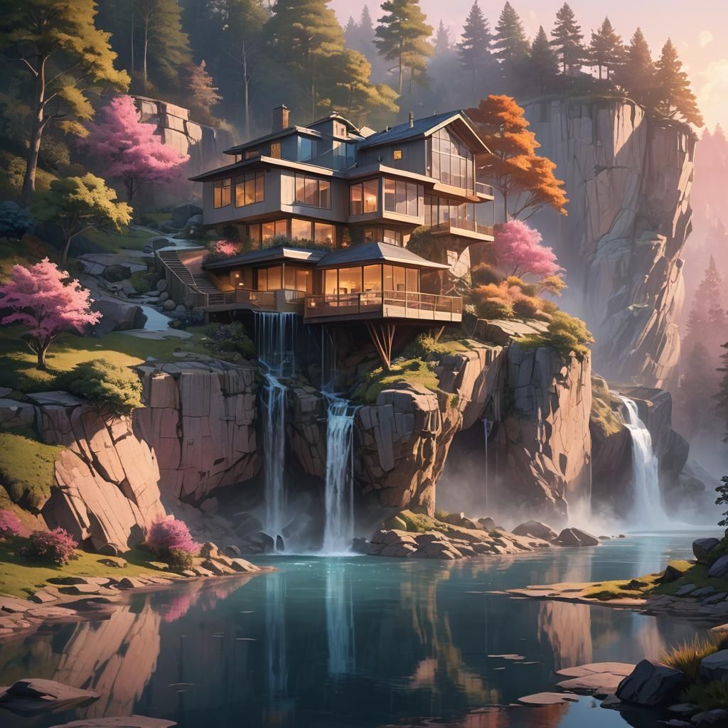 Cliffside House with Waterfall in Ghibli Style