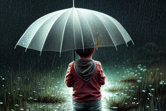 Boy with Flower on Rainy Day, Hyper-Detailed Digital Art