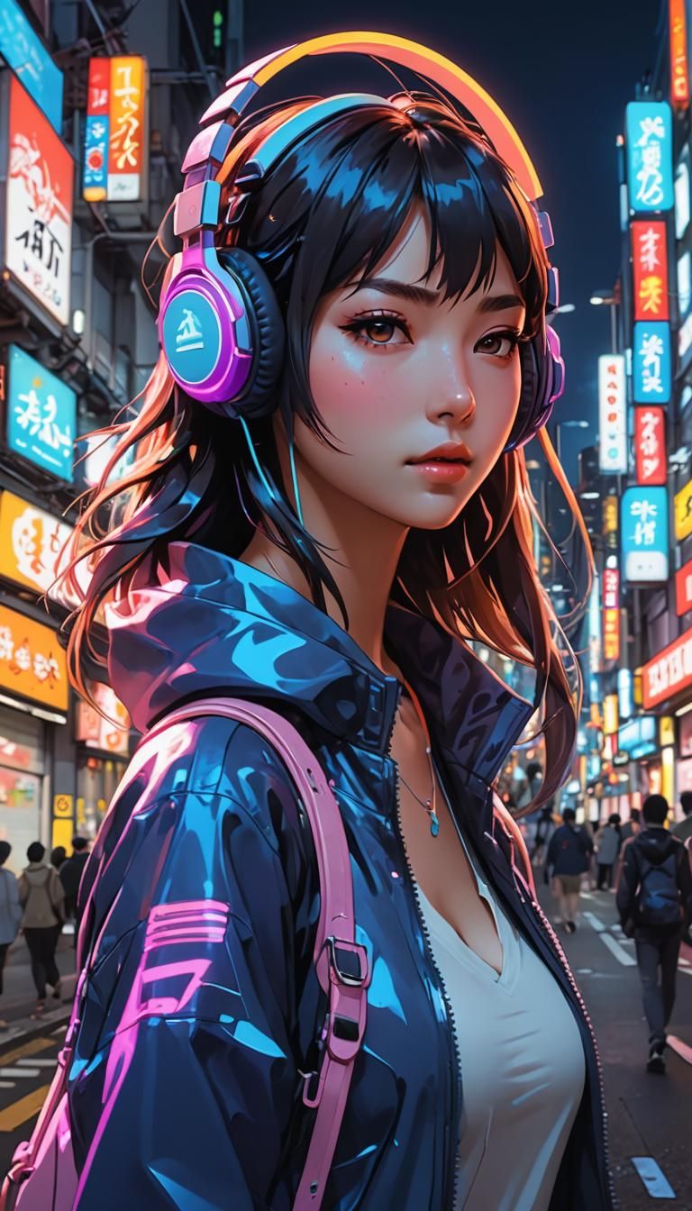 Headphones Wearing Anime Girl Walking in Neon lit Tokyo