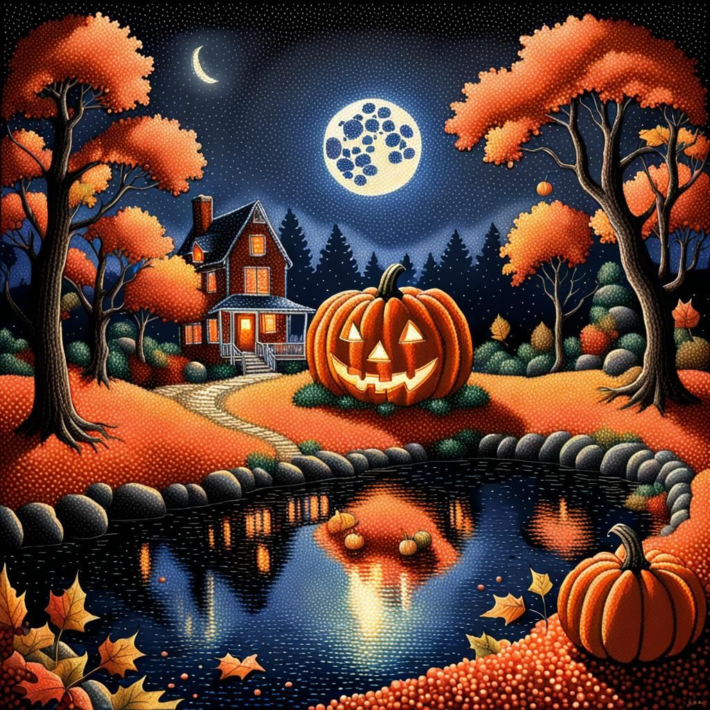 Pointillist Jack-o'-Lantern Under Moonlit Sky
