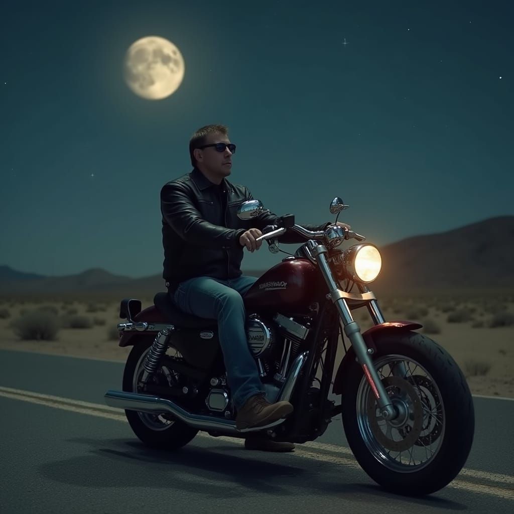 Dad riding harley, moonlit night