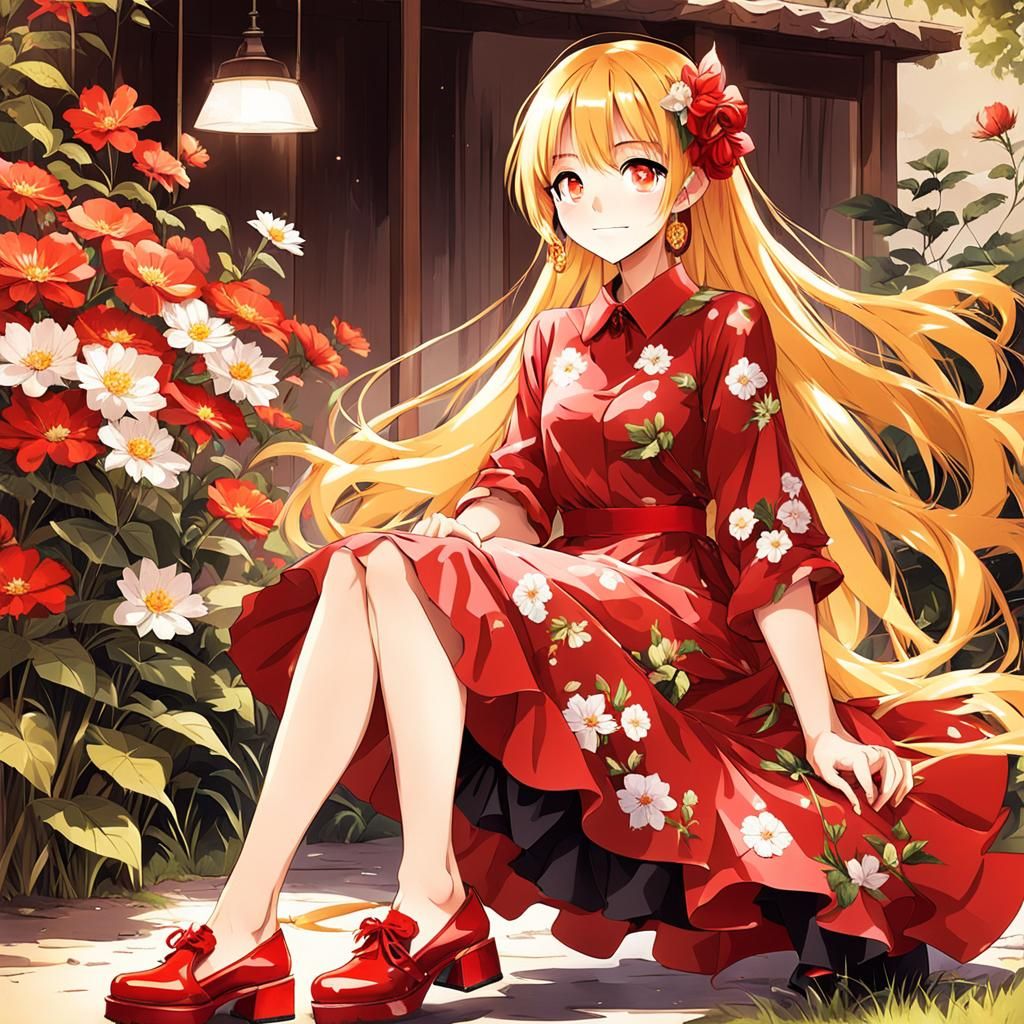 Anime Girl in Red Dress Sitting in Backyard